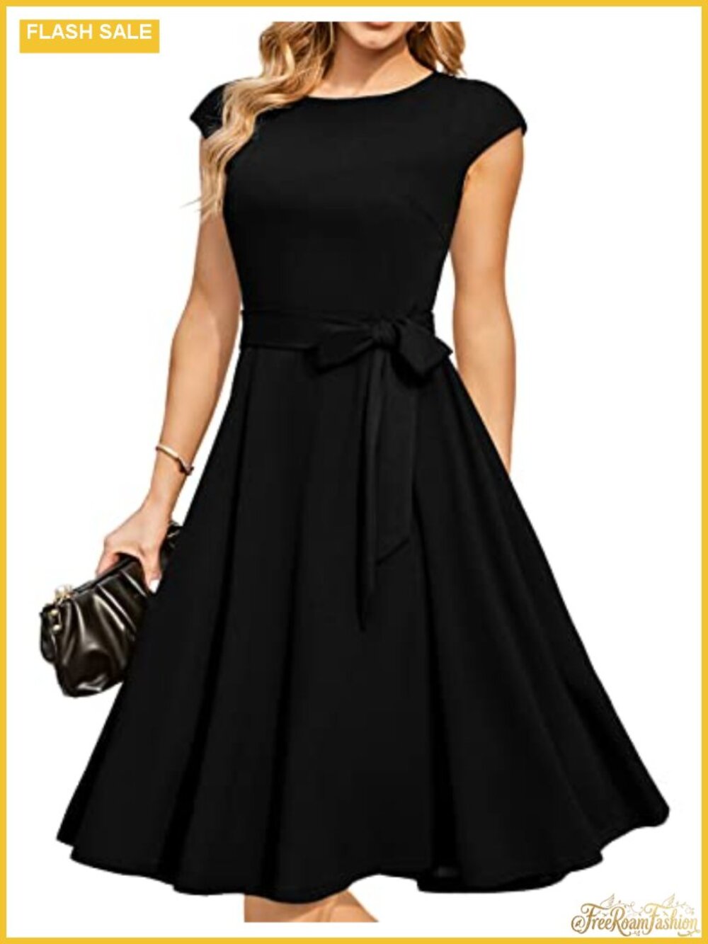 Women's Fit Flare Cocktail Dress with Cap Sleeves Detachable Belt